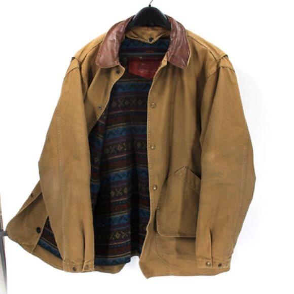 Woolrich Vintage Tan Barn Jacket with Leather Collar and button in Wool liner - Picture 1 of 7